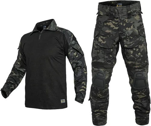 Vista 13 de YEVHEV Conjunto de ropa militar de combate G3, ropa táctica de camuflaje, uniforme de caza, equipo de paintball con rodilleras para hombres Negro