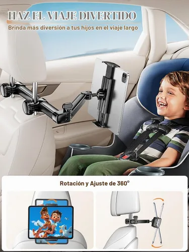 Vista 6 de Tryone Soporte para tablet para reposacabezas para accesorios de automóvil: [brazo de 18.11 pulgadas de largo] Soporte 3 en 1 para tableta de Negro