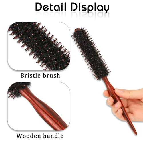 Vista 4 de Mozeat Lens Cepillo para el cabello, cepillo redondo pequeño de cerdas de jabalí con alfileres de nailon y mango de madera, cepillo para dar volumen