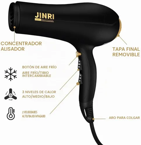 Vista 2 de JINRI Secador de pelo, 2000W, 3 calor y 2 velocidades, entrada de aire desmontable, con difusor, con concentrador, correa para colgar, no plegable