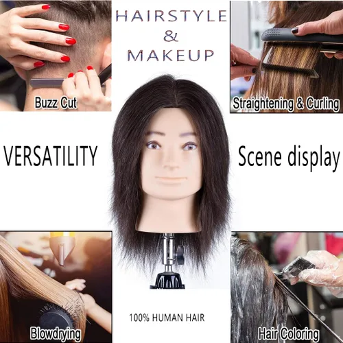 Vista 3 de HAIRWAY Cabeza de maniquí masculino de 8 pulgadas, cabeza de maniquí de práctica de peluquero con cabello humano 100% real, cosmetología, Marrón