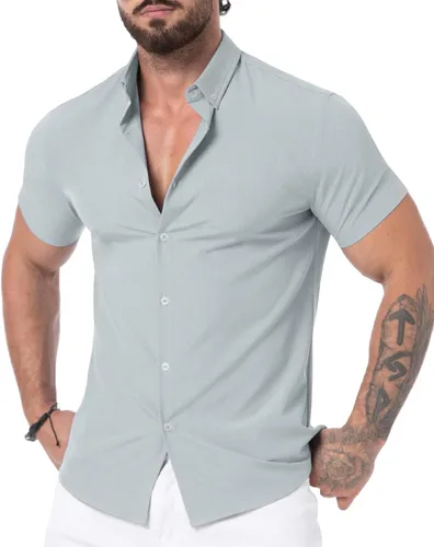Vista 2 de Askdeer Camisas de ajuste muscular para hombre, sin arrugas, manga corta, casual, elástica, ajustada, con botones