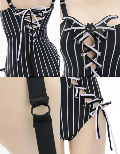Vista 4 de MEOWCOS - Traje de baño de una pieza para mujer, diseño gótico a rayas blancas y negras, con accesorios