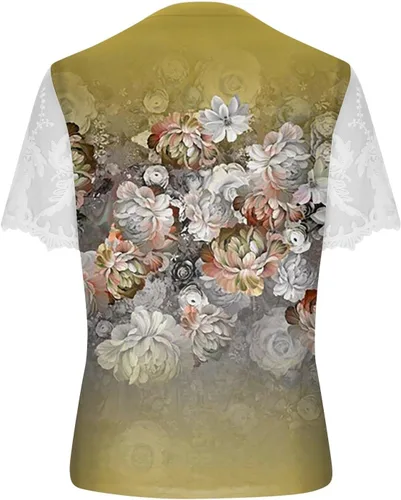 Vista 3 de Camisetas de manga corta para mujer, blusas de cuello redondo de manga corta con estampado de encaje plisado