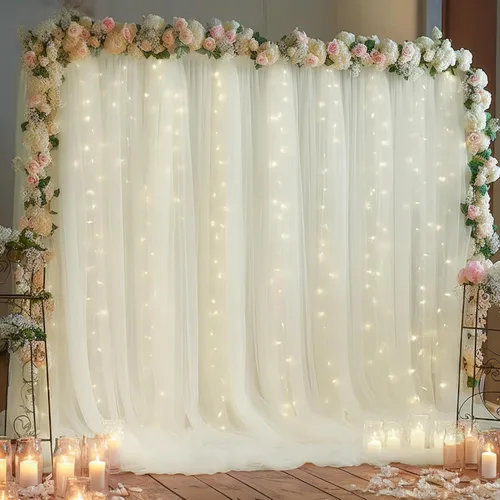 Vista 28 de Cortina de telón de fondo de tul azul bebé de 10 x 8 pies con cadena de luces para fiestas, cortinas de fondo transparentes para bodas, baby shower