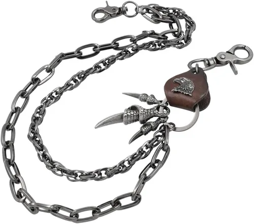 Vista 7 de Llavero de cuero con dije de águila afilada con doble garra, cadena de billetera de metal antiguo para motociclista