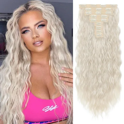 Vista 33 de REECHO Extensiones de cabello con clip, 5 piezas, de 24 pulgadas, de color rubio ceniza, extensiones de cabello con ondas largas y sueltas, HE002