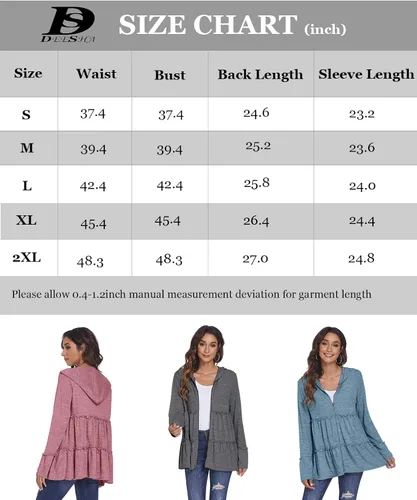 Vista 6 de DEESHA Sudadera con capucha con cremallera completa para mujer plisada escalonada con volantes chaqueta de manga larga