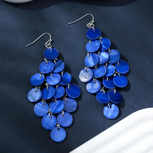 Vista 5 de Aretes colgantes en capas con cuentas de disco hechos a mano, multicolor, naranja, rojo, azul, para mujer