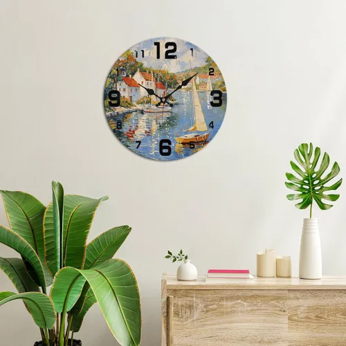 Vista 2 de Coastal Harbor Painting Wooden Wall Clock with Nautical Scene 25x25cm