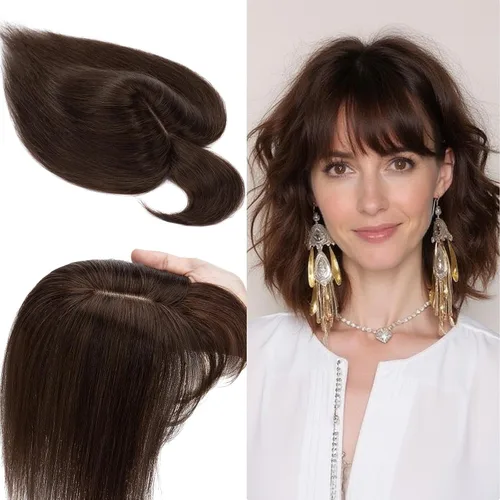 Vista 18 de SEGO Toppers de cabello humano 100% real, con flequillo de aire, base de seda 150% de densidad, topper con clip, 2.7 x 5.1 pulgadas, piezas