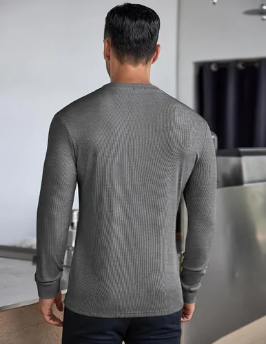 Vista 75 de COOFANDY Camisas Henley de manga larga para hombre, camisetas elásticas acanaladas, camisetas básicas casuales de moda