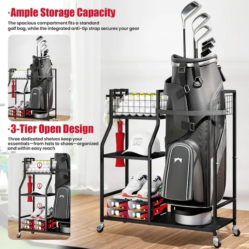 Vista 7 de TOOLF Organizador de bolsas de golf, almacenamiento para palos de golf con ruedas, soporte de metal resistente para bolsa de golf para el hogar