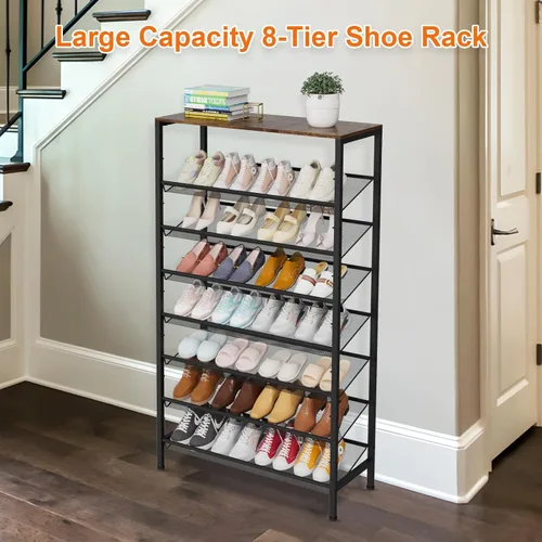 Vista 4 de Zapatero grande de 8 niveles, organizador de zapatos vertical de metal resistente, para armario, puerta delantera, entrada, hasta 28 pares, estante