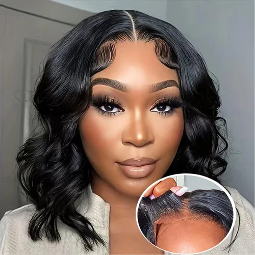Vista 11 de Wear and Go - Peluca estilo Bob sin pegamento, pelucas de cabello humano con ondas corporales y encaje frontal para mujeres negras, cierre de encaje