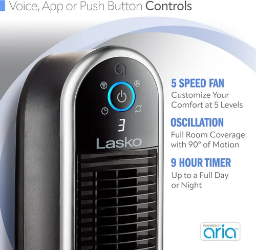 Vista 4 de Lasko Aria™ T40733 Ventilador de torre inteligente WiFi de 5 velocidades de 40 pulgadas con modo oscuro: negro