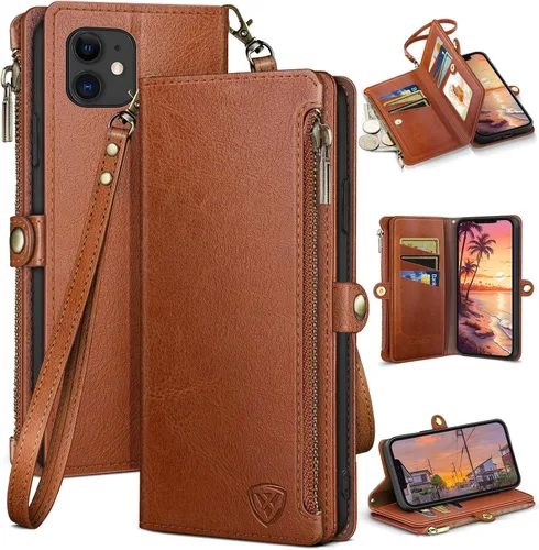 Vista 9 de XcaseBar Funda tipo cartera compatible con iPhone 12/12 Pro de 6.1 pulgadas con cremallera y tarjetero de crédito, bloqueo RFID, funda de piel Negro