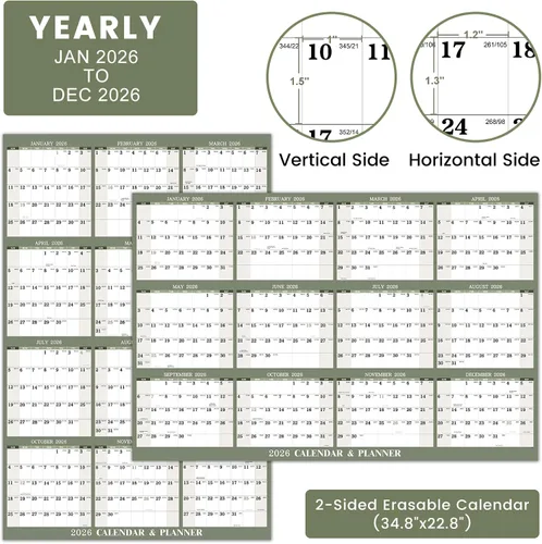 Vista 4 de Calendario anual de pared 2026 – Calendario de borrado en seco 2026 para pared, 34.6 x 22.9 pulgadas, enero 2026 a diciembre de 2026, calendario