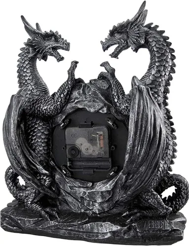 Vista 3 de DWK Twin Evil Dragons - Escritorio de mesa antiguo con repisa 11.25 X 10 X 3 In., 10 In. Diameter Face, Gray Cold-Cast Resin, Runs on 1 AA Battery