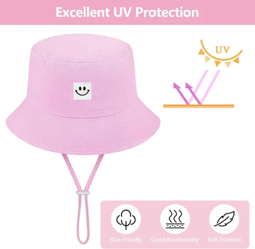 Vista 3 de Cooraby Paquete de 4 sombreros de sol para bebé, transpirable, con sonrisa, sombrero de cubo protector solar para bebé, gorra ajustable para bebé