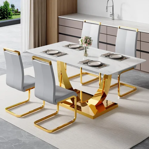 Vista 23 de Juego de mesa de comedor de 63 pulgadas para 4, juego de mesa de comedor dorado moderno para 4, juego de mesa de cocina de mármol sintético