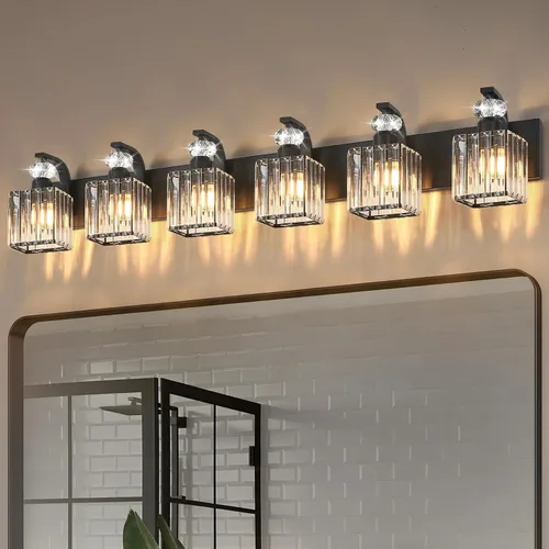 Vista 18 de Lámpara Moderna de Tocador de Baño, Luminarias de Baño de 4 Luces Negro Dorado Sobre Espejo, Aplique de Pared de Cristal de 28.4
