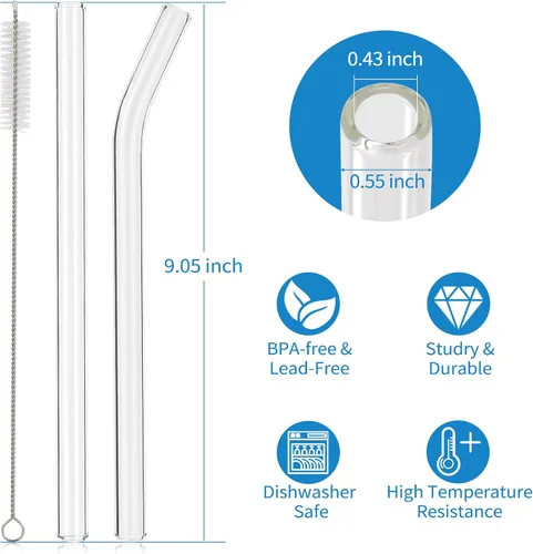Vista 2 de 10 popotes Boba de vidrio reutilizables, 0.354 x 0.551 in de ancho, para té de burbujas, batidos, juego de 5 rectas y 5 dobladas con 2 cepillos