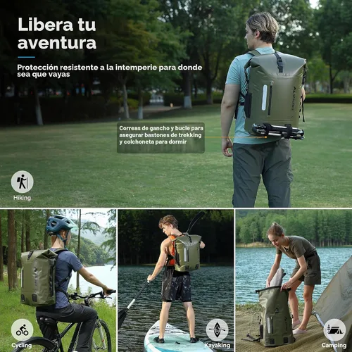 Vista 6 de MARCHWAY Mochila impermeable con parte superior enrollable, bolsa seca flotante de 20L/30L/45L con base rectangular ergonómica, espalda acolchada