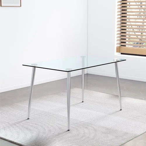 Vista 3 de Mesa de comedor rectangular moderna y minimalista de cristal para 4 y 6 personas con mesa de vidrio templado de 0.31 pulgadas y patas de metal