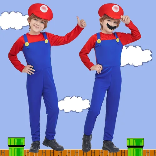 Vista 5 de Estavucci Mario Costume for Kids Plumber Costume Boys Halloween Cosplay Jumpsuit with Accessory