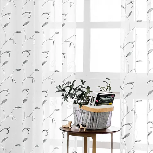 Vista 91 de VISIONTEX 2 paneles de cortinas traslúcidas de 63 in de largo, cortinas de gasa semitransparentes bordadas con hojas florales beige, bolsillo