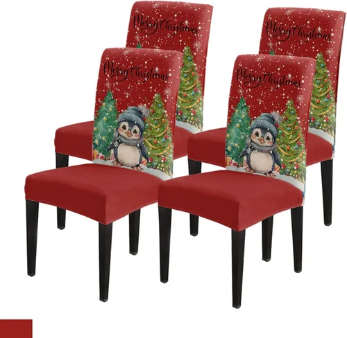 Vista 47 de Savannan - Juego de 4 fundas para sillas de árbol de Navidad, bolas de copos de nieve de color rojo invierno, fundas elásticas para sillas Parsons