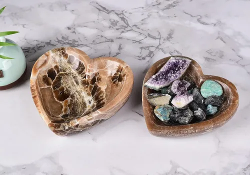 Vista 5 de AMOYSTONE Cuenco de corazón de jaspe natural de Marruecos de 5.5 pulgadas, plato de corazón de ágata marroquí, cuenco de cuarzo de cristal
