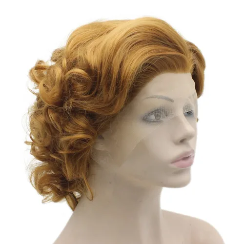 Vista 2 de Mxangel - Peluca de cabello sintético con encaje frontal natural, corto, rizado, rubio dorado