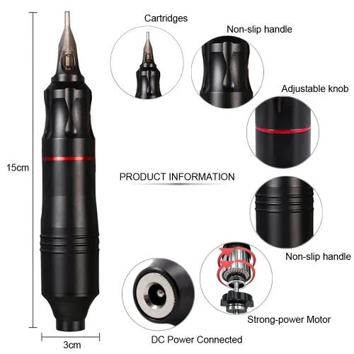 Vista 3 de Rotary Tattoo Pen Kit - Tattoo Machine Set with Adjustable Power Supply, 20 Cartridge Needles, 6 Inks, Foot Pedal, Practice Skins and Storage Case