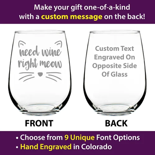 Vista 2 de Custom Need Wine Right Meow – Funny Cat Personalized Stemless Wine Glass, Large 17 Ounces, Etched Sayings, Gift Box - Customized Wine Glass Gift