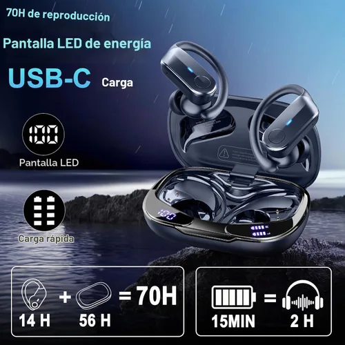 Vista 5 de Auriculares inalámbricos, auriculares deportivos Bluetooth 5.4 IPX8 impermeables, 70H con sonido de graves profundos, 4 micrófonos ENC con Azul