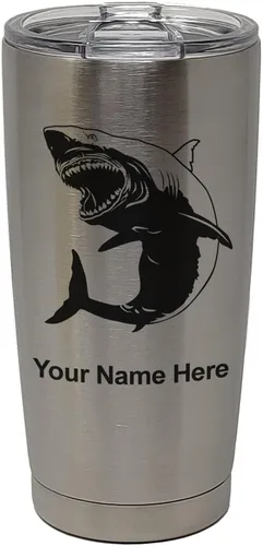 Vista 33 de LaserGram Vaso aislado al vacío de 20 onzas, gran tiburón blanco, grabado personalizado incluido (negro)