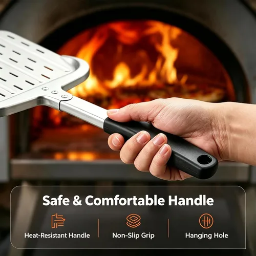Vista 7 de Pala de pizza de 12 pulgadas, pala grande de aluminio para pizza con mango ergonómico largo y superficie antiadherente perforada, accesorios