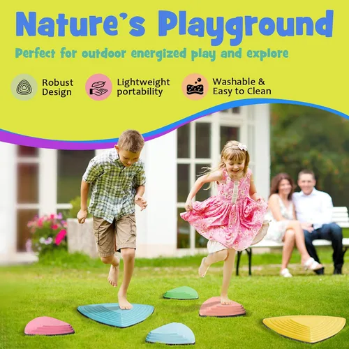 Vista 3 de Stepping Stones para niños, 10 juguetes sensoriales antideslizantes, juego interior y exterior que promueve el equilibrio, la coordinación