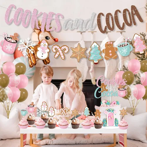 Vista 4 de Decoraciones de fiesta de galletas y cacao, banner de galletas rosas y cacao, banner navideño de hombre de jengibre, globos para adorno de pastel