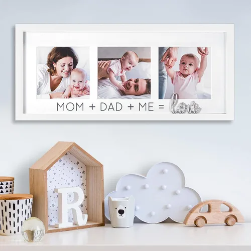 Vista 3 de Malden International Designs 3569-344 - Marco de pared para fotos de 4 x 4 pulgadas, 3 aperturas, color blanco mate con texto en inglés "Mom Dad Me