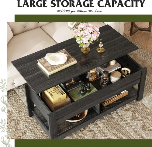 Vista 3 de WLIVE - Mesa de centro con parte superior elevable de 47", mesa de centro con compartimento oculto y 2 estantes de almacenamiento para sala de Roble