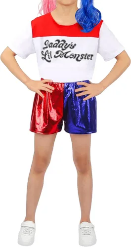 Vista 4 de Anqtovp Conjunto de disfraces de cosplay de Joker para niñas, disfraces de escuadrón de Halloween para niños con chaqueta, pantalones cortos