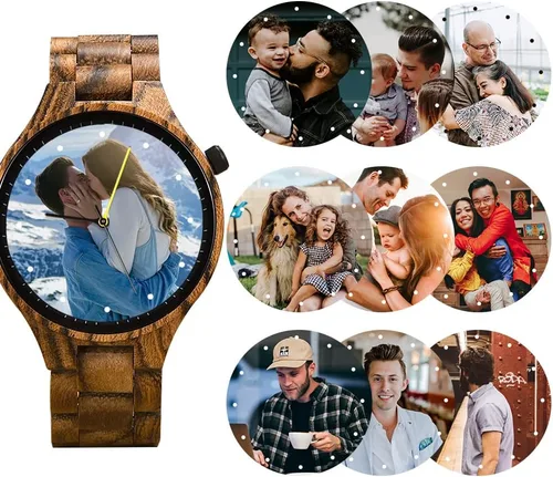 Vista 5 de 2win Reloj personalizado personalizado con impresión de foto para hombre, regalo de aniversario de madera para él y sus familias