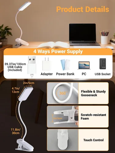 Vista 8 de Lámpara con Pinza, 9 Niveles de Brillo + 5 Colores Luz con Abrazadera, Lámpara de Escritorio Recargable con Batería de 4000mAh con Pinza, 450