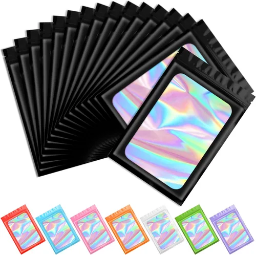 Vista 19 de Funfery 100 bolsas holográficas de Mylar naranja, cremallera resellable