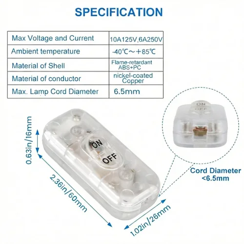 Vista 4 de Interruptor de Cable en Línea, PLUSPOE Interruptor de Lámpara de Control DPST de Encendido-Apagado para Lámpara de Mesa de Dormitorio Luces LED