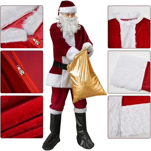 Vista 3 de KLLOUZE Christmas Santa Claus Suit, Adult Men's Santa Costume, Xmas Classic Flannel Cosplay Clothes, Santa Fancy Suits Outfit