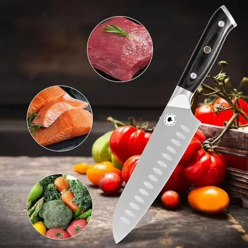 Vista 2 de Cuchillo de cocina Santoku de 7 pulgadas, cuchillo de chef japonés ultra afilado con mango de madera ergonómico, cuchillo de cocina profesional